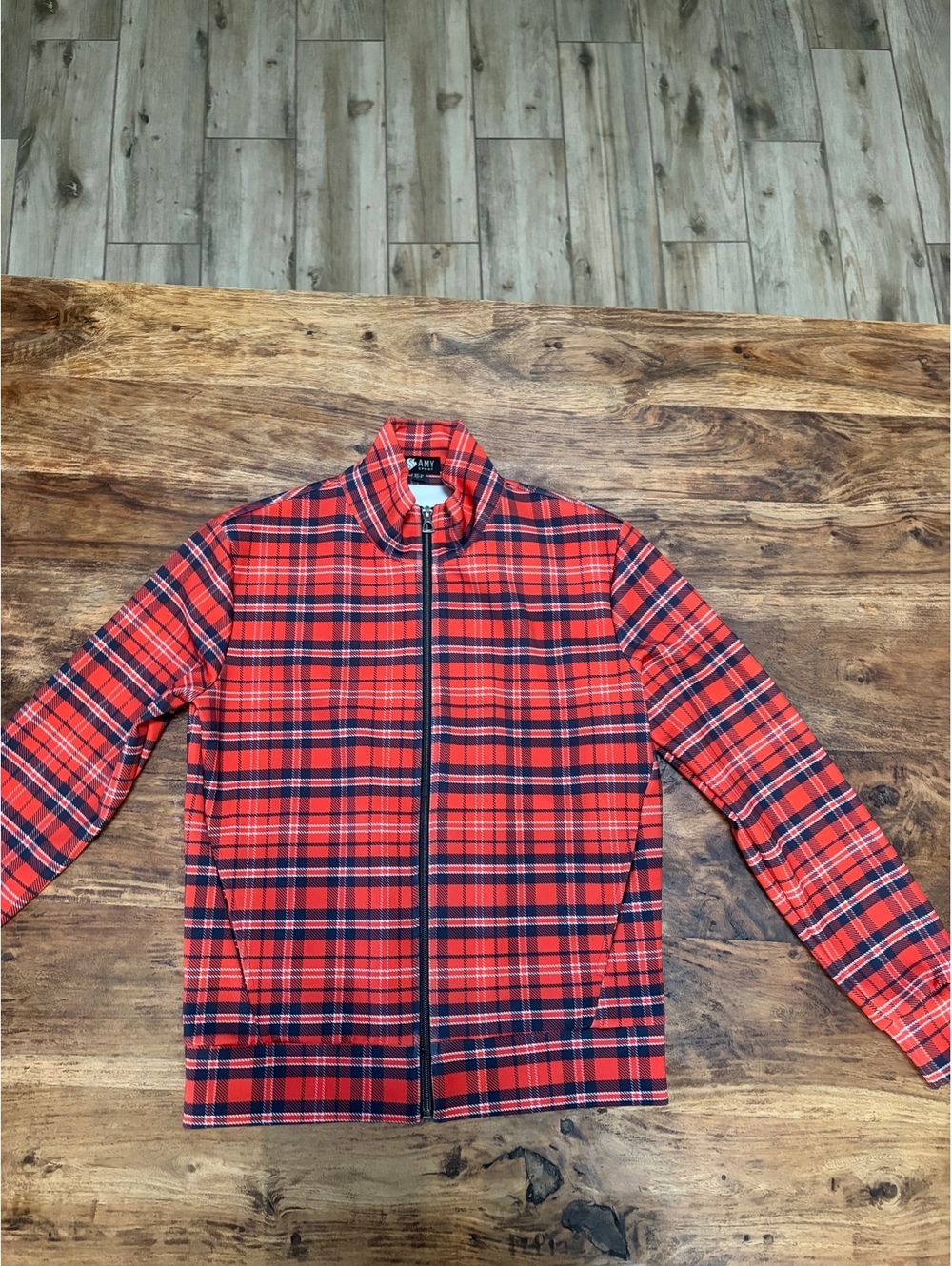 Amy Sport Red Blue Plaid Tennis Golf Zip Up Jacket Size XS Pockets